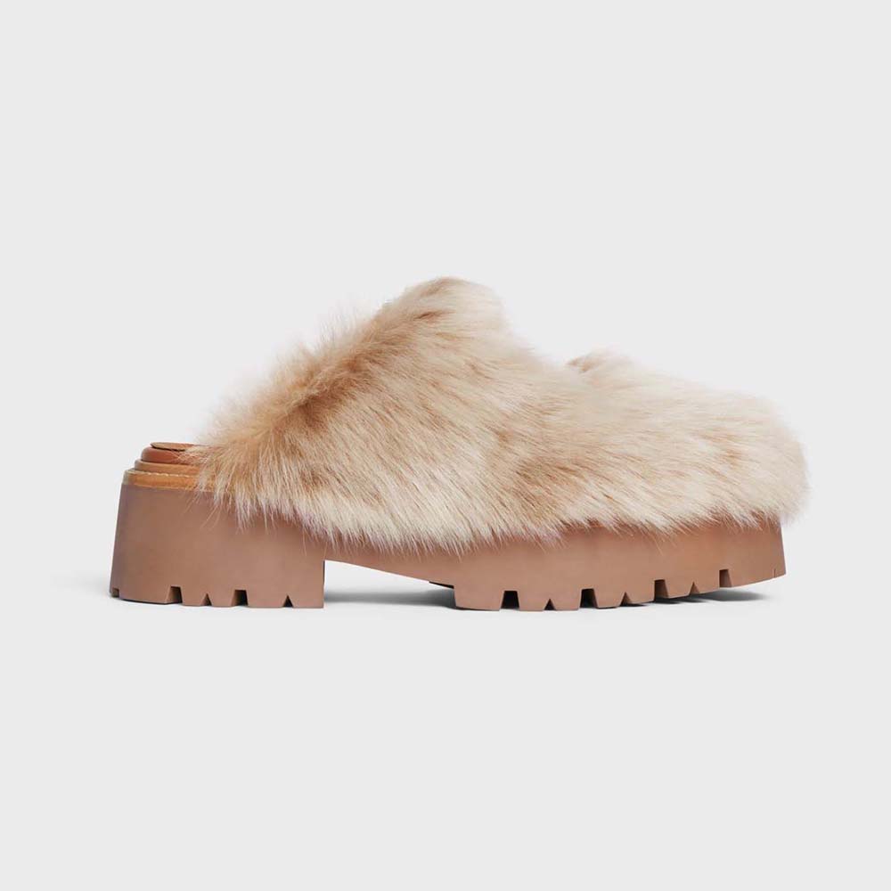 Side angle of Celine Women Bulky Closed Mule in lambfur brown