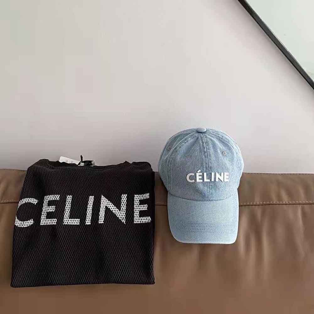 Close-up of embossed logo hardware on Celine Women Denim Baseball Cap-Blue