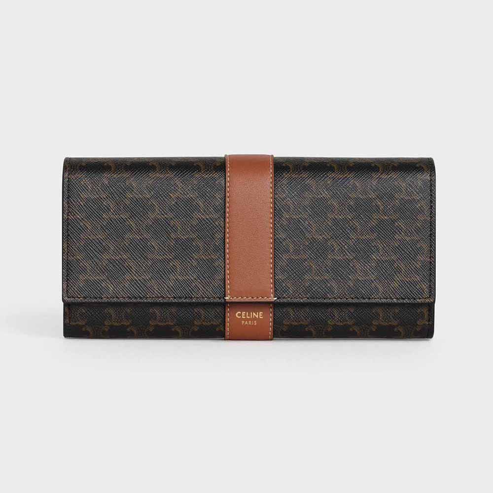 Front view of Celine Women Large Flap Wallet in Triomphe Canvas and Lambskin