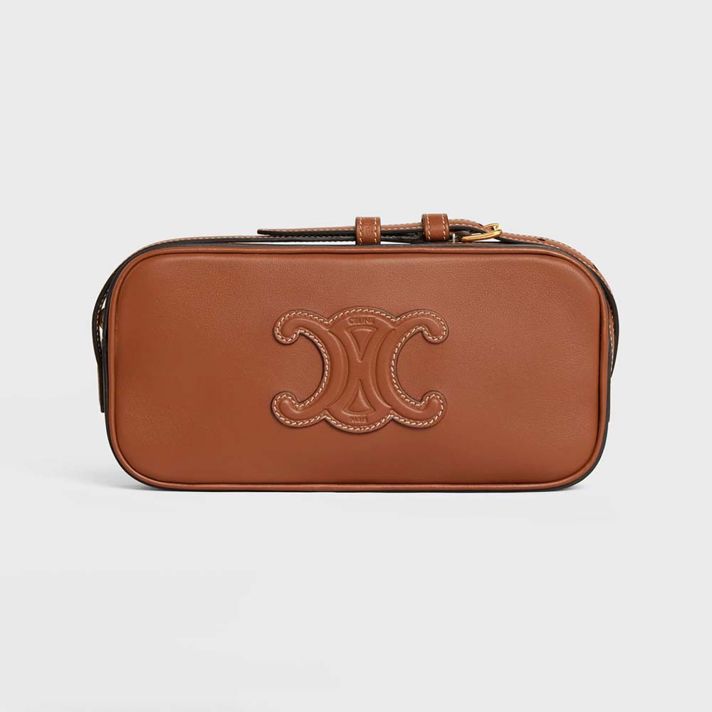 Front view of Celine Women Mini Camera Shoulder Bag Cuir Triomphe in brown leather