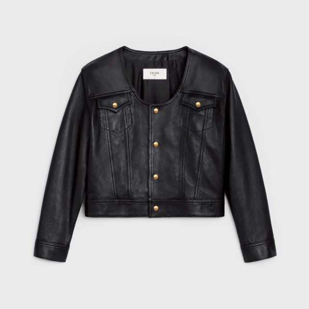 Front view of Celine Women Scoop Neck Trucker Jacket in Soft Lambskin