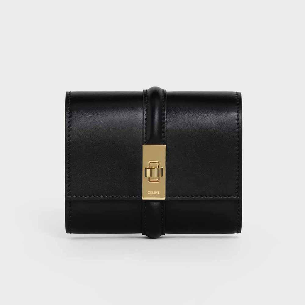 Front view of Celine Women Small Wallet 16 in Shiny Calfskin-Black
