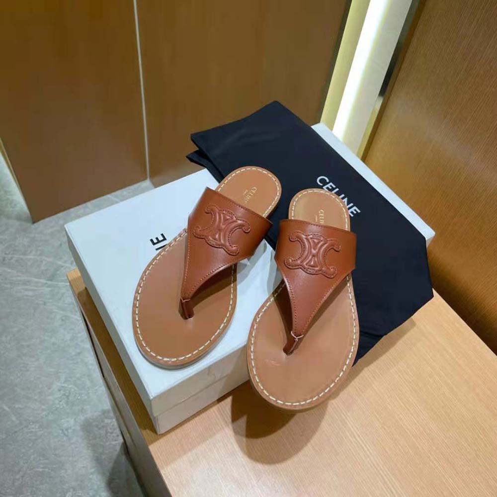 Overhead view showing smooth calfskin leather of Celine flat thong