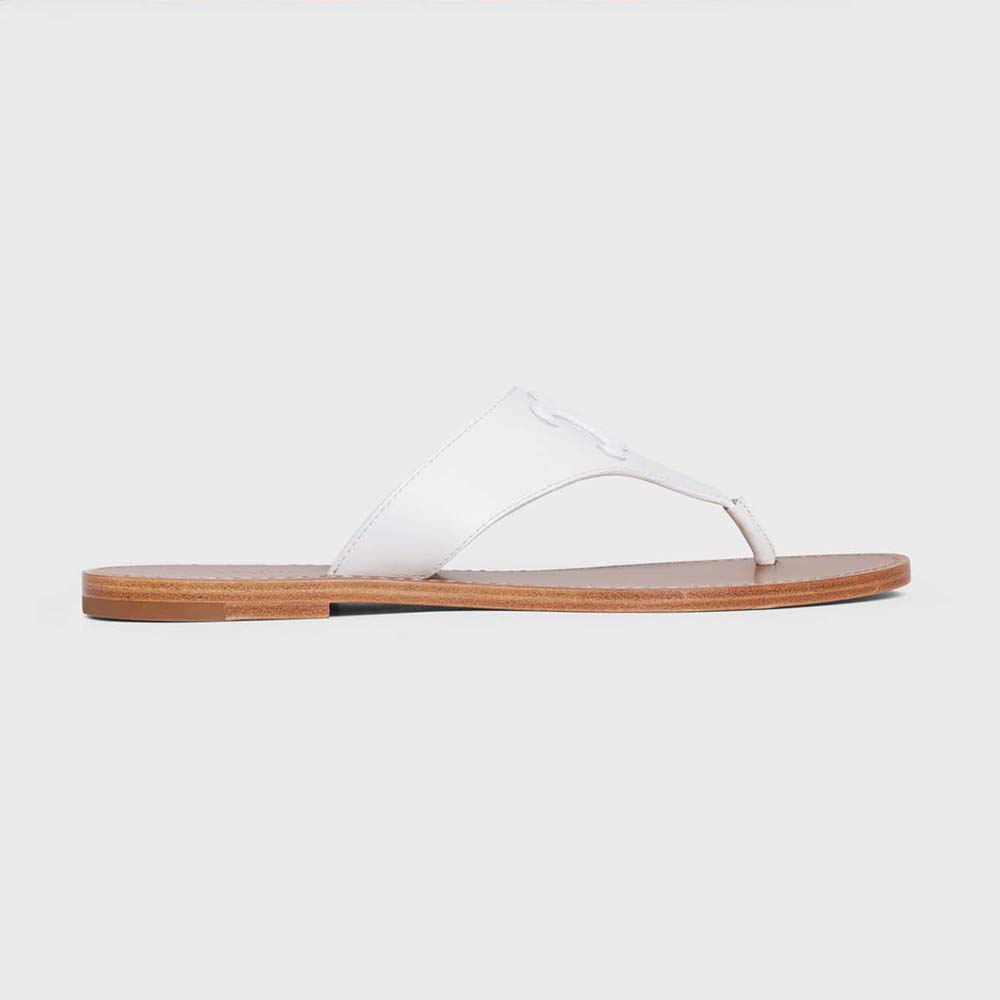 Side profile of Celine Women Triomphe Flat Thong in Calfskin-White sandal
