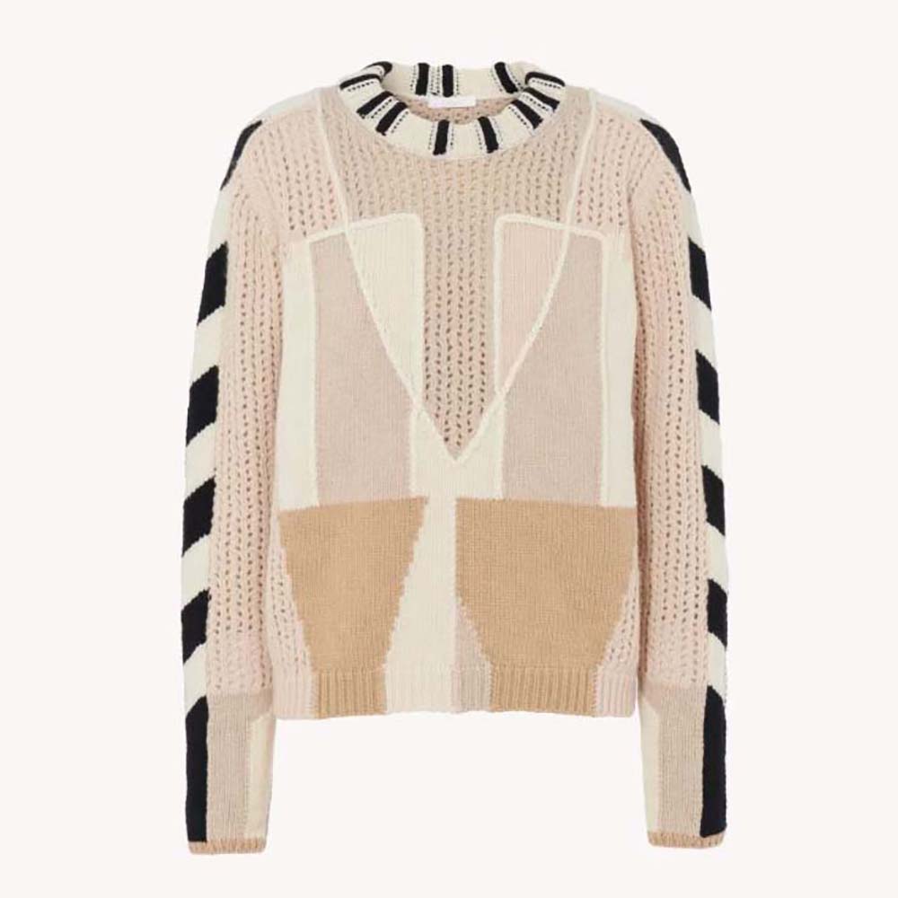 Front view of Chloe Women Graphic Knit Sweater-Beige showing knit pattern
