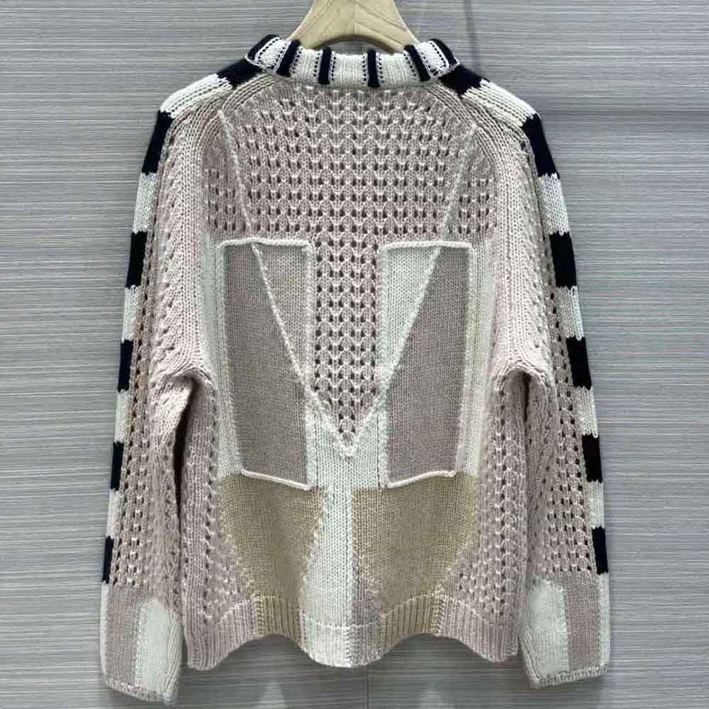 Side angle of Chloe Women Graphic Knit Sweater-Beige with relaxed fit silhouette
