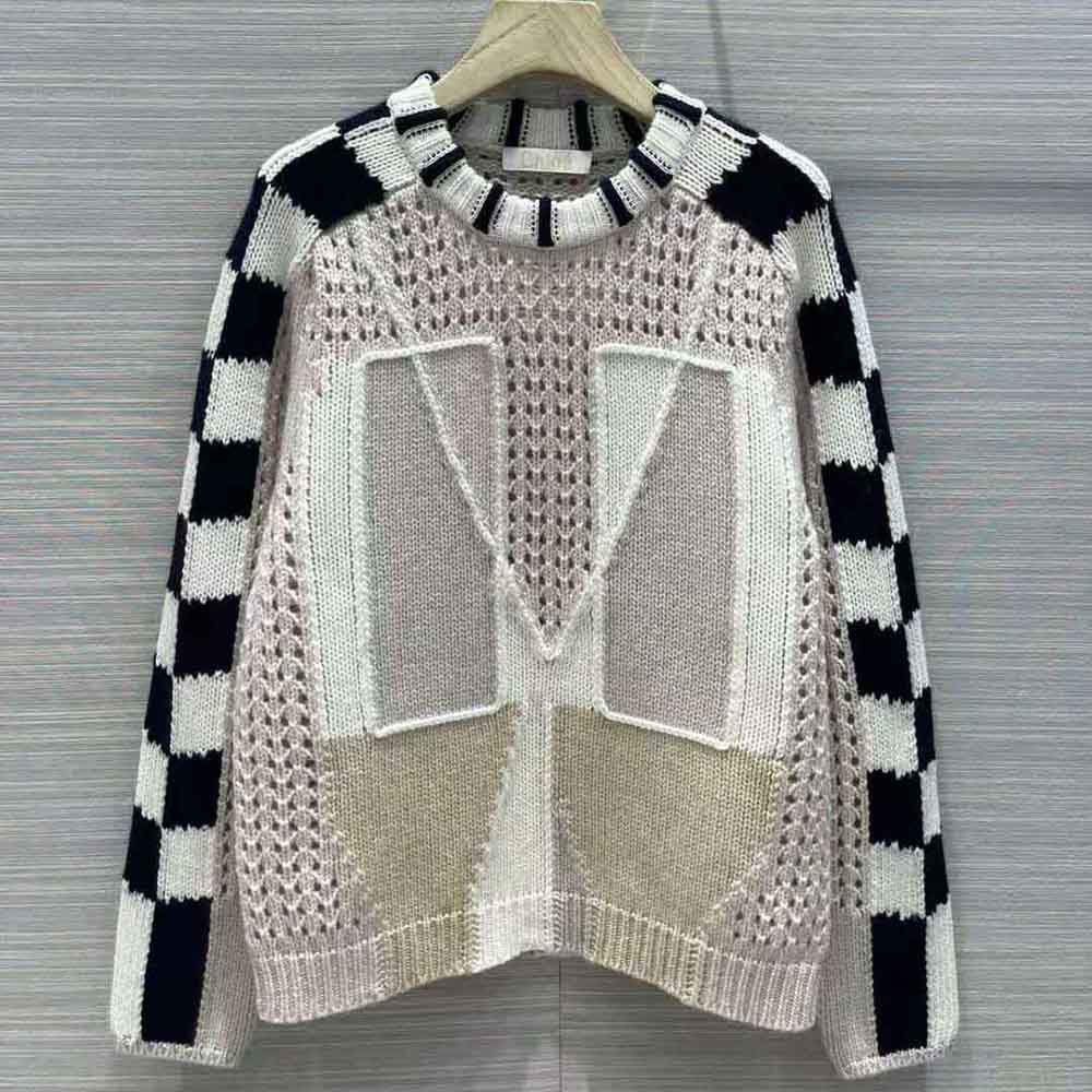 Close-up of the beige graphic knit detail on Chloe Women Graphic Knit Sweater-Beige