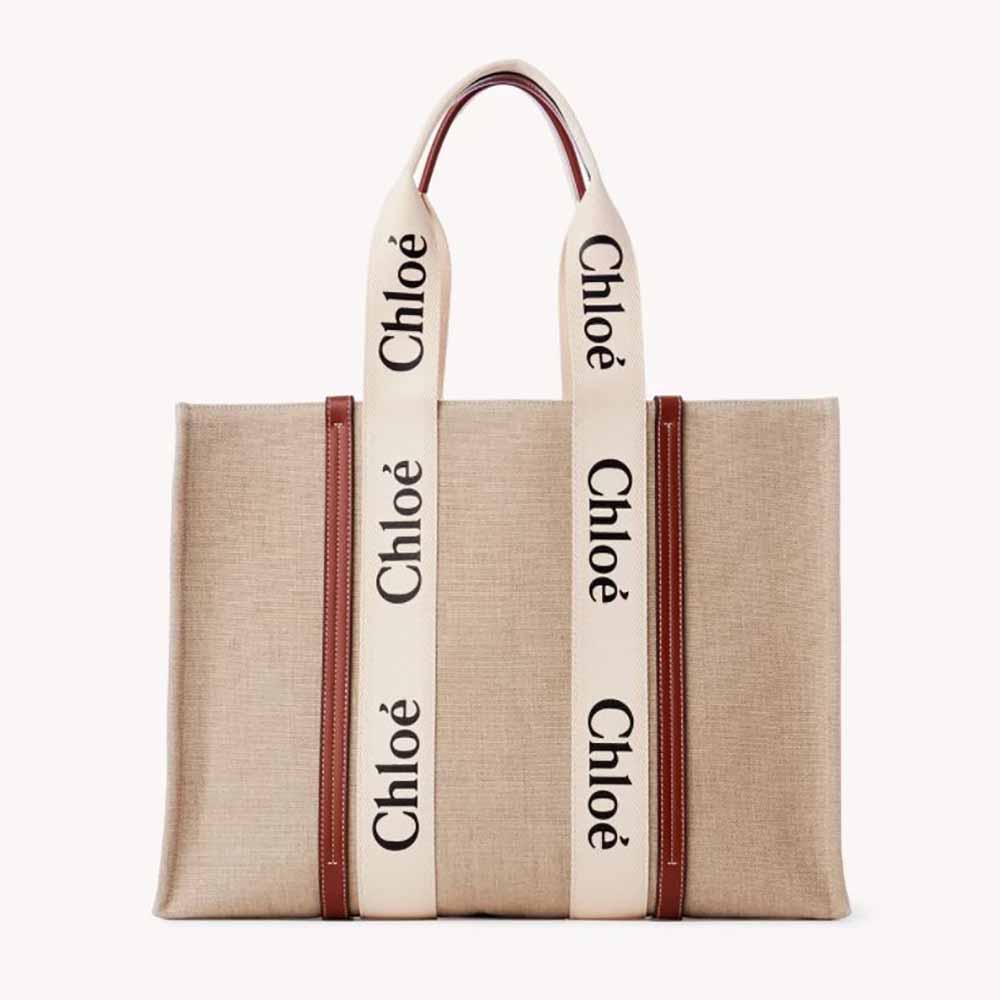 Front view of Chloe Women Large Woody Tote Bag in brown linen canvas