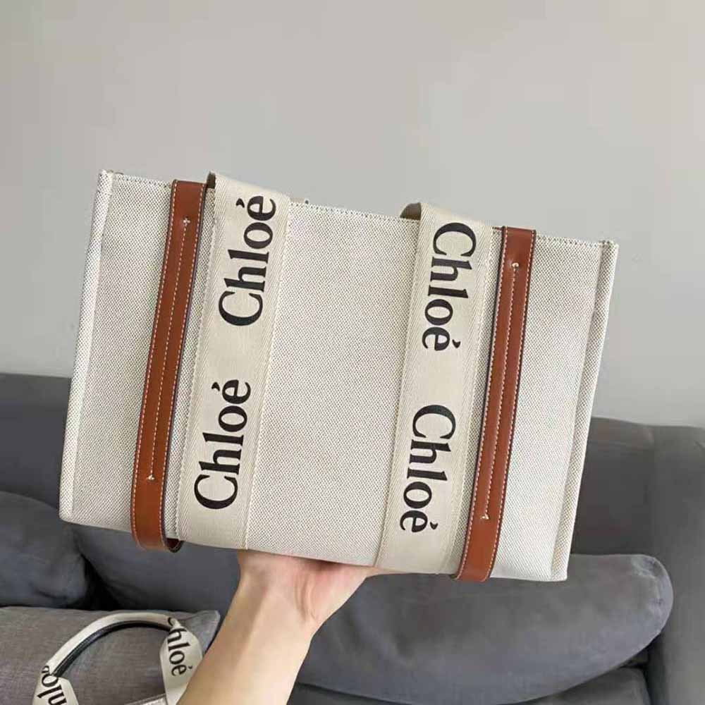 Chloe Women Large Woody Tote Bag in Linen Canvas and Shiny Calfskin with Woody Ribbon - image 4