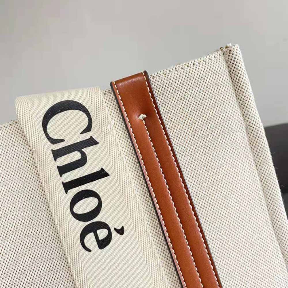 Chloe Women Large Woody Tote Bag in Linen Canvas and Shiny Calfskin with Woody Ribbon - image 7