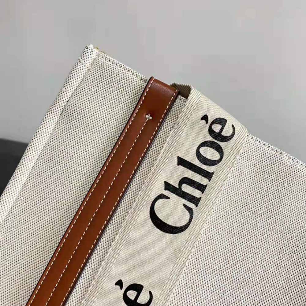 Chloe Women Large Woody Tote Bag in Linen Canvas and Shiny Calfskin with Woody Ribbon - image 8
