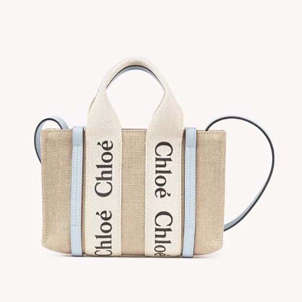 Front view of Chloe Women Mini Woody Tote Bag-Blue showing bamboo handle