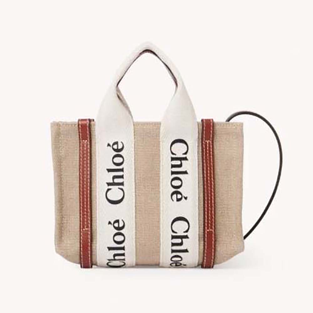Front angle of Chloe Women Mini Woody Tote Bag-Brown showing woven detail