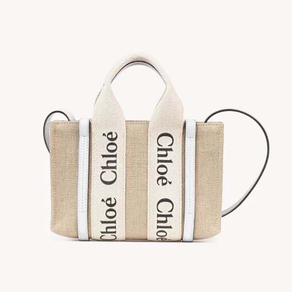 Front view of Chloe Women Mini Woody Tote Bag-White with wooden handles