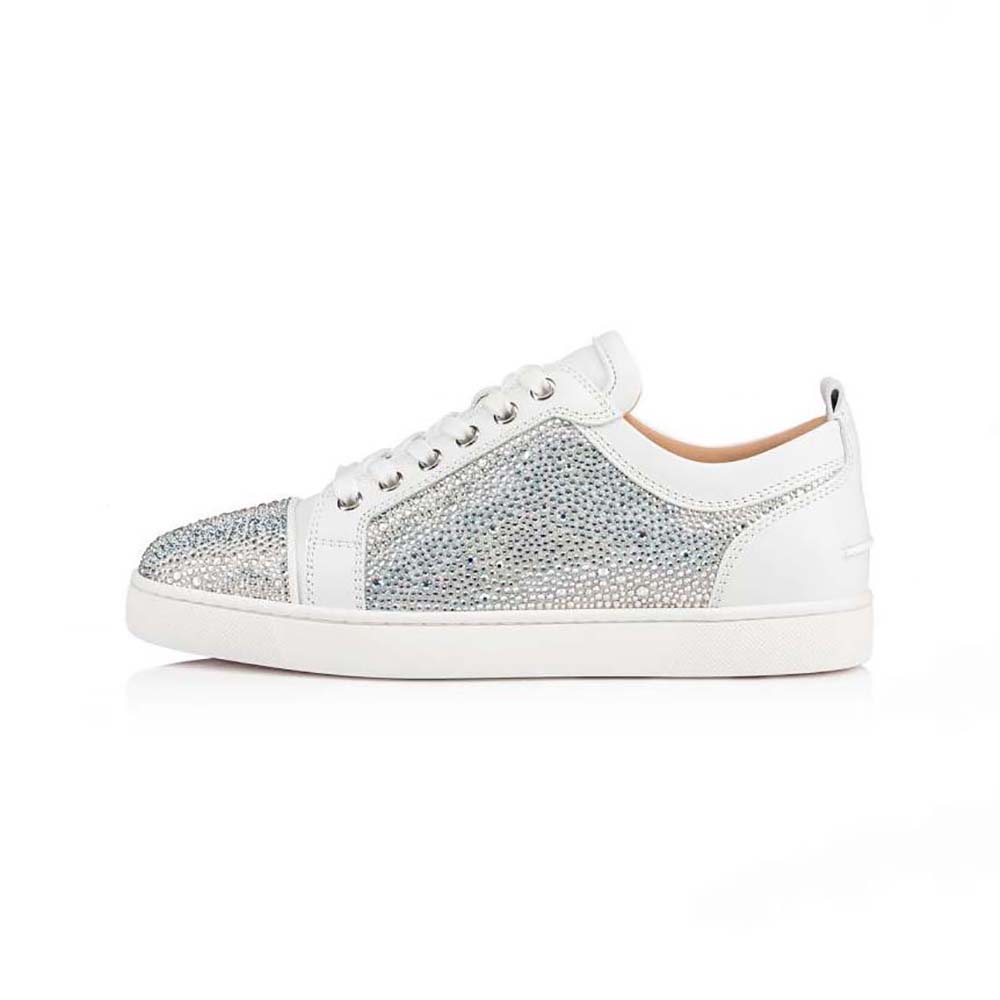 Side view of Christian Louboutin Men Louis Junior Strass-White sneakers