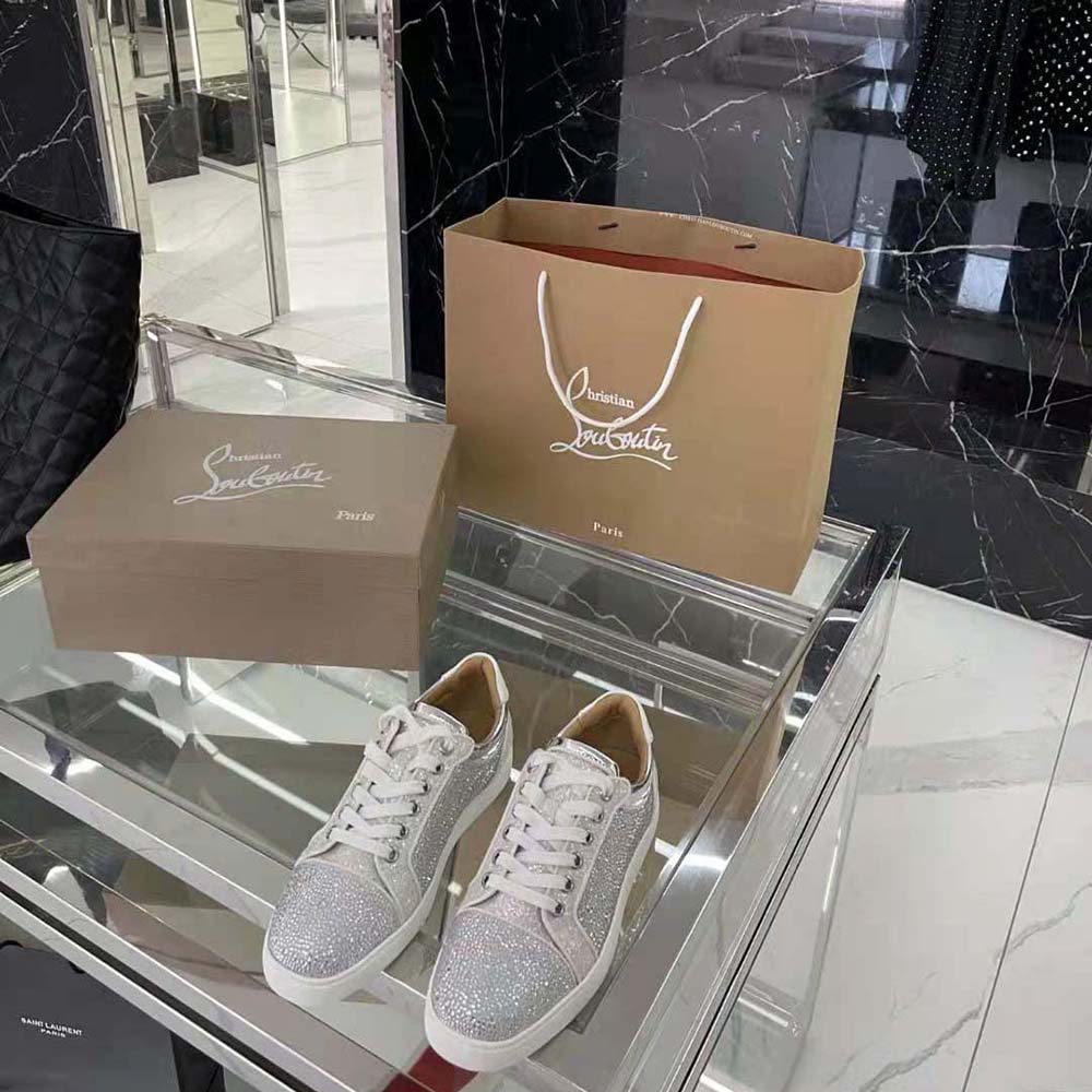Close-up of crystal Strass detail on Christian Louboutin Men Louis Junior Strass-White tongue