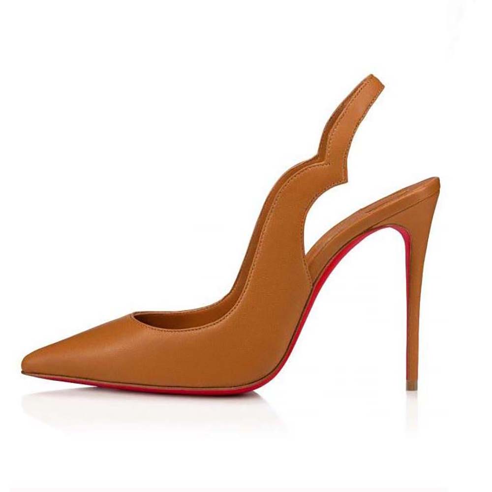 Side view of Christian Louboutin Women Hot Chick Sling 100 mm Heel Height-Brown sandal