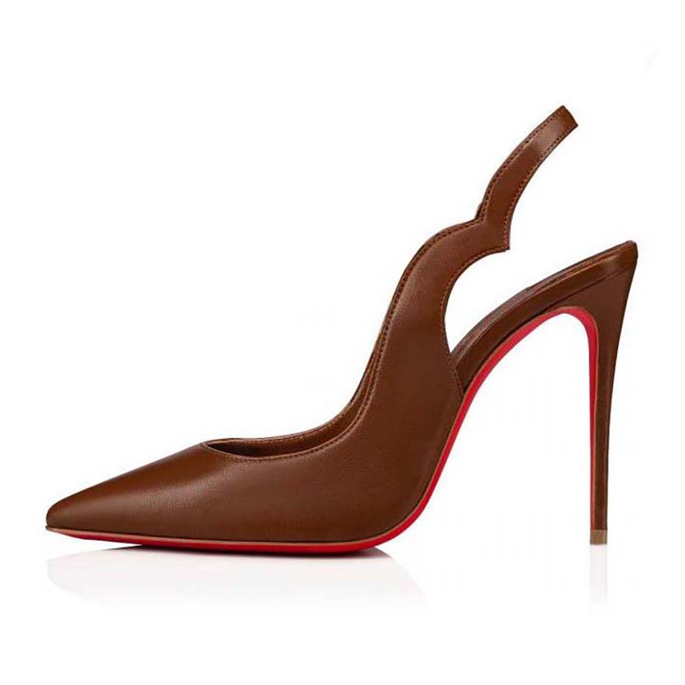 Side profile of Christian Louboutin Women Hot Chick Sling 100 mm Heel Height-Tan sandal