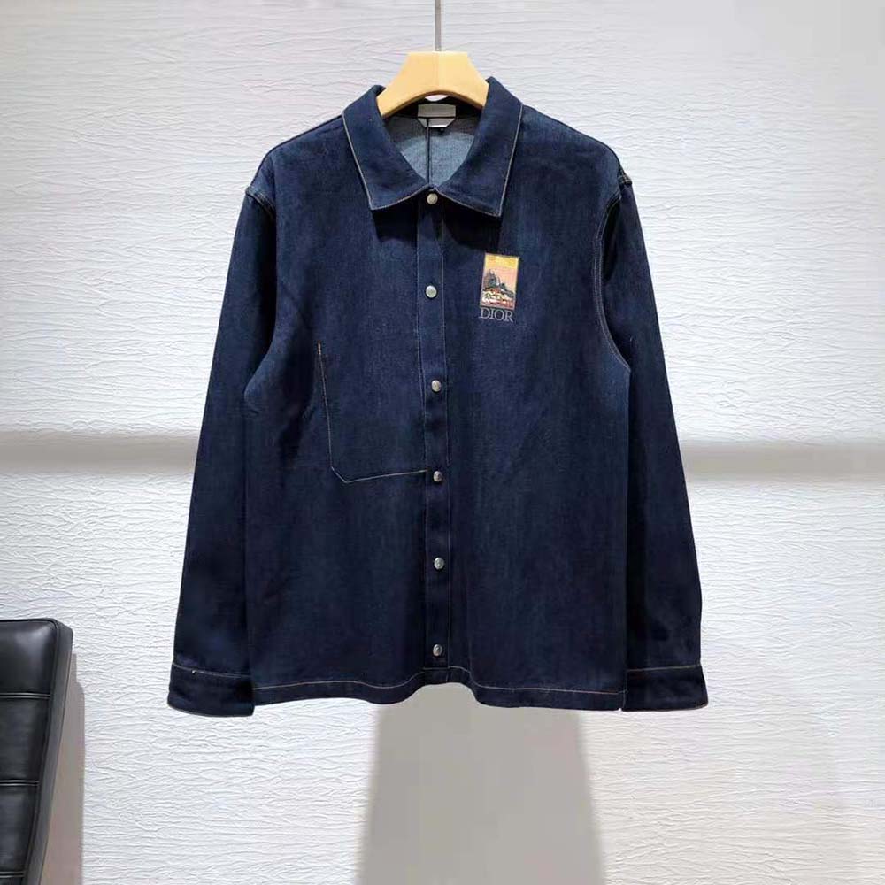 Close-up of button and embroidery on Dior Men Dior and Jack Kerouac Overshirt