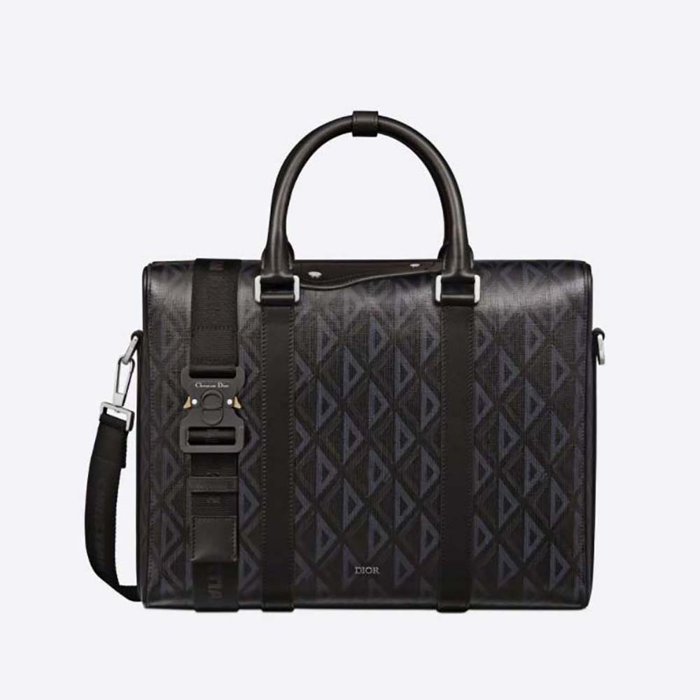 Front view of Dior Men Lingot Briefcase Black CD Diamond Canvas and Smooth Calfskin
