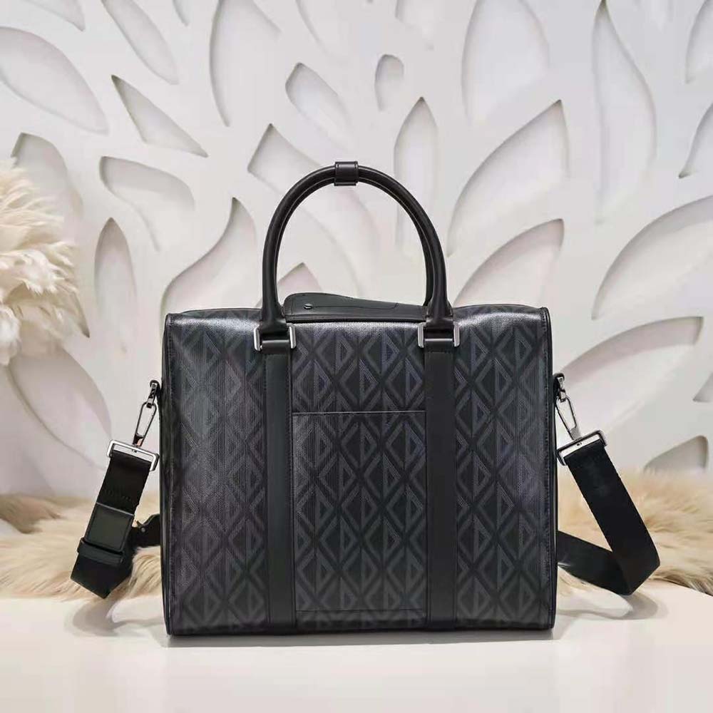 Side profile showing silhouette of Dior Men Lingot Briefcase in black diamond canvas