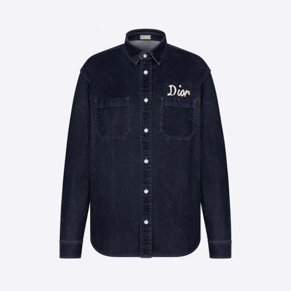 Front view of Dior Men Overshirt Navy Blue Flocked Technical Cotton Denim