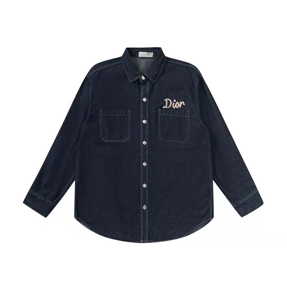 Close-up of navy blue flocked cotton denim texture on Dior Men Overshirt