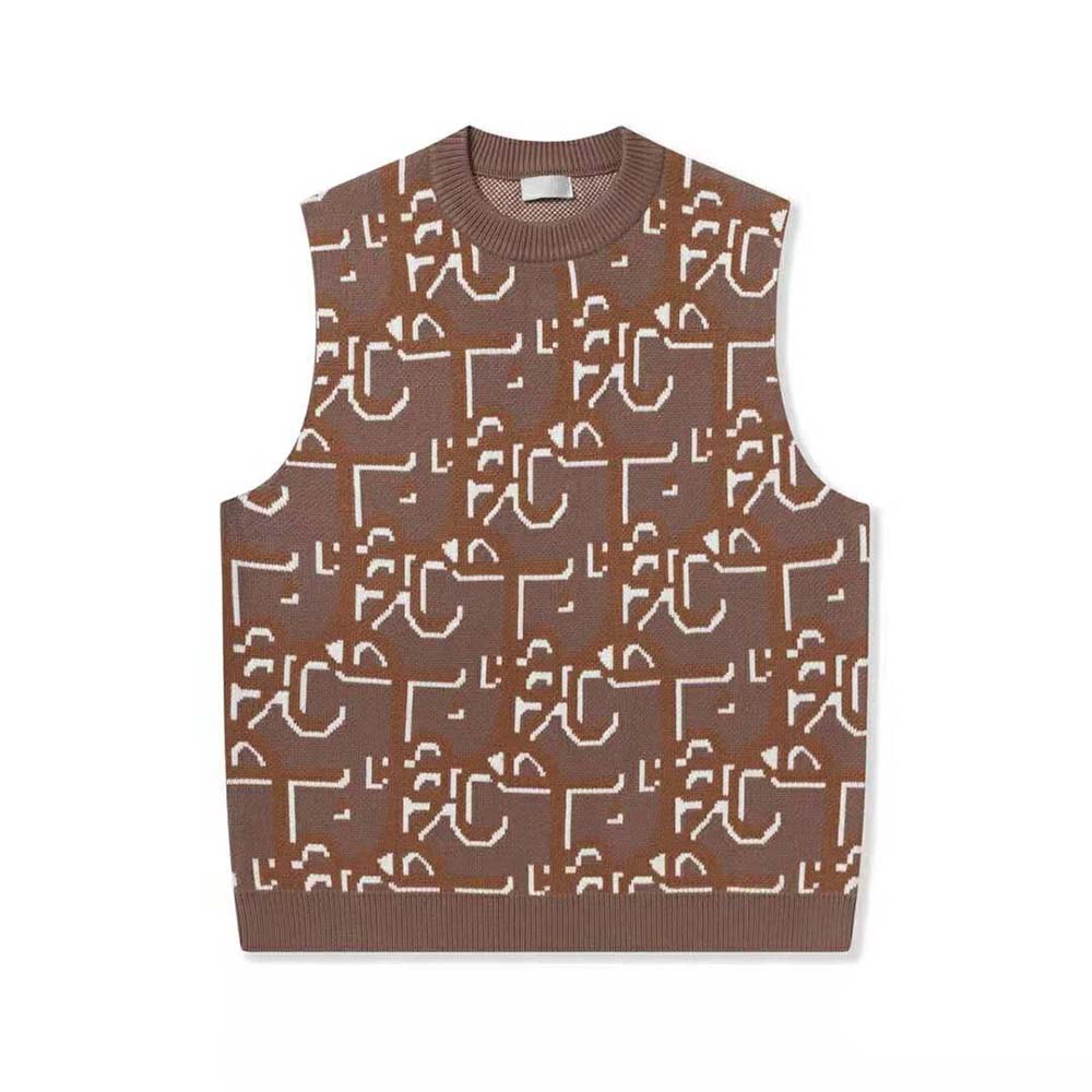 Close-up of brown cashmere jacquard cactus pattern on Dior sleeveless sweater