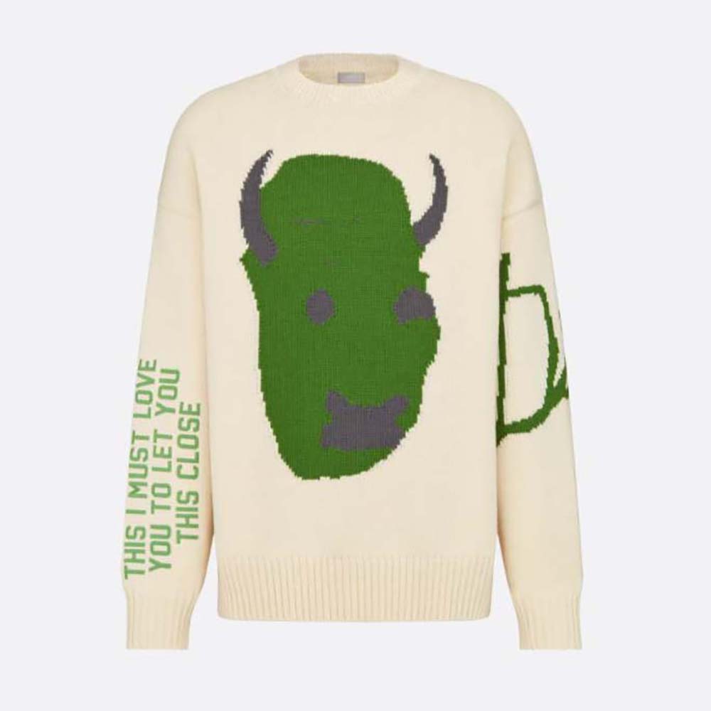 Front view of Dior Men Oversized Cactus Jack Dior Sweater Ecru Wool Knit in green