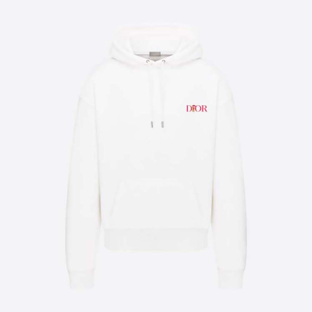 Front view of Dior Men Oversized Dior Jardin Hooded Sweatshirt white fleece