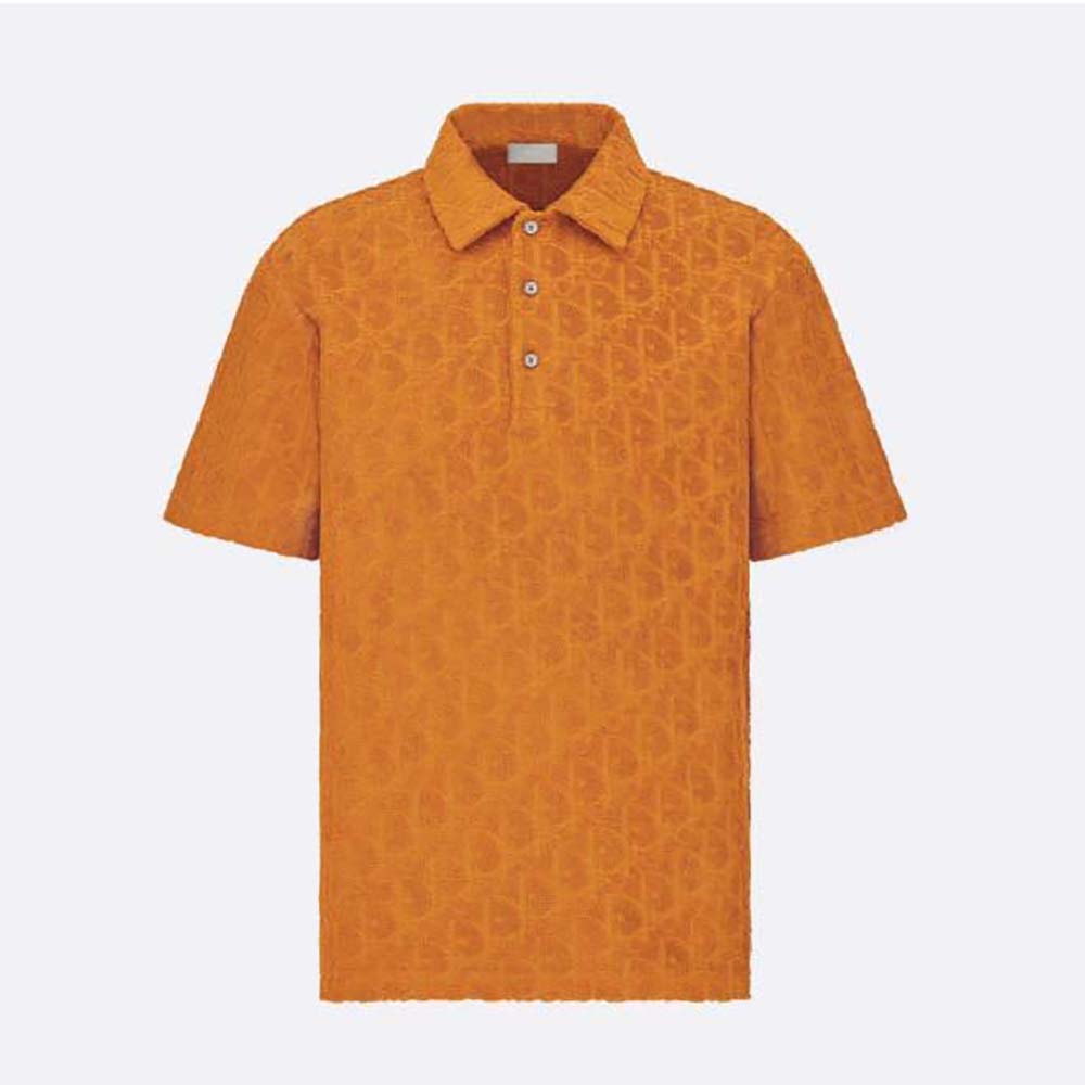 Front view of Dior Men Oversized Dior Oblique Polo Shirt Orange Terry Cotton Jacquard