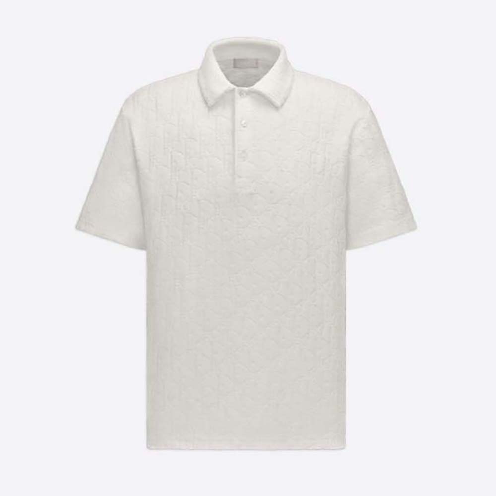 Front view of Dior Men Oversized Dior Oblique Polo Shirt White Terry Cotton Jacquard