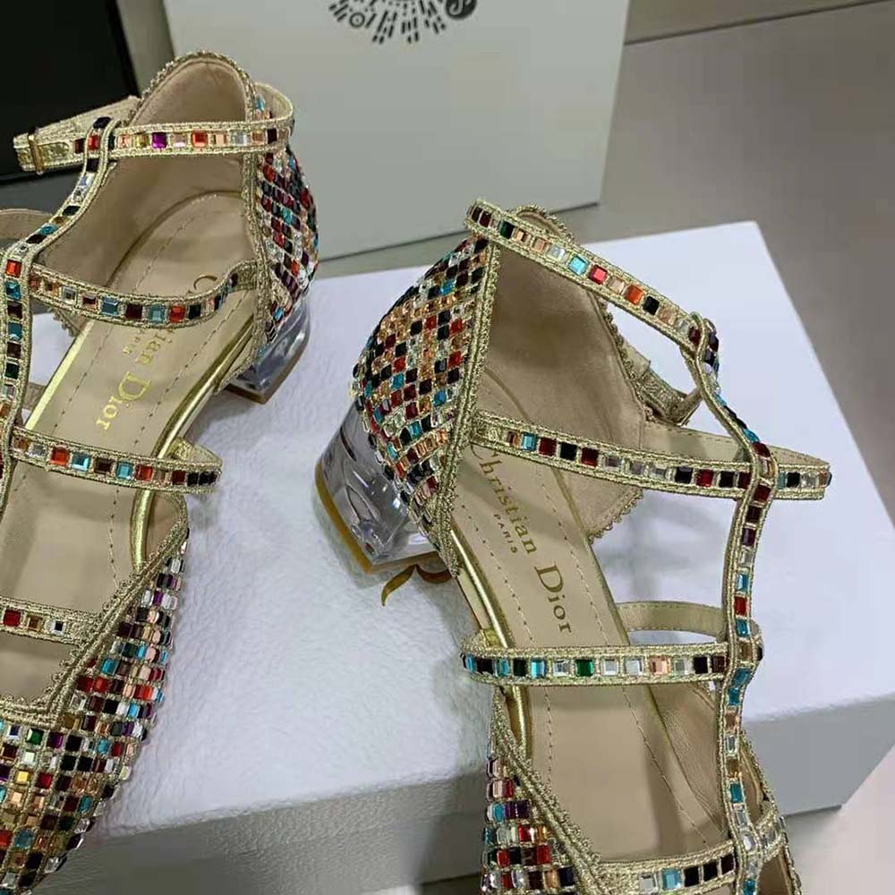 Dior Women Arty Ballerina Flat Gold-Tone Cotton Embroidered with Metallic Thread and Multicolor Square Strass - image 8
