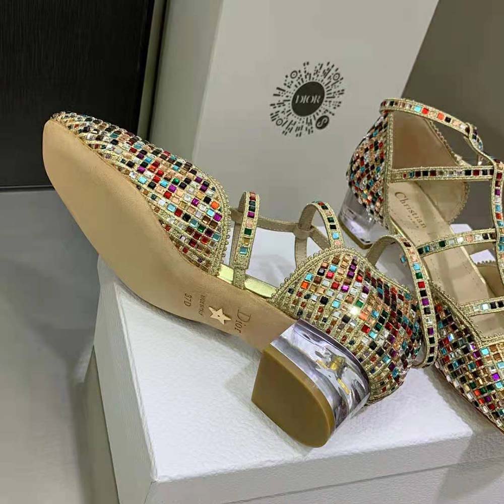 Dior Women Arty Ballerina Flat Gold-Tone Cotton Embroidered with Metallic Thread and Multicolor Square Strass - image 7