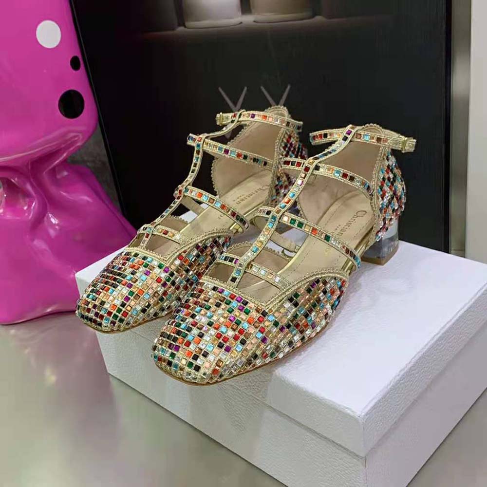 Dior Women Arty Ballerina Flat Gold-Tone Cotton Embroidered with Metallic Thread and Multicolor Square Strass - image 4