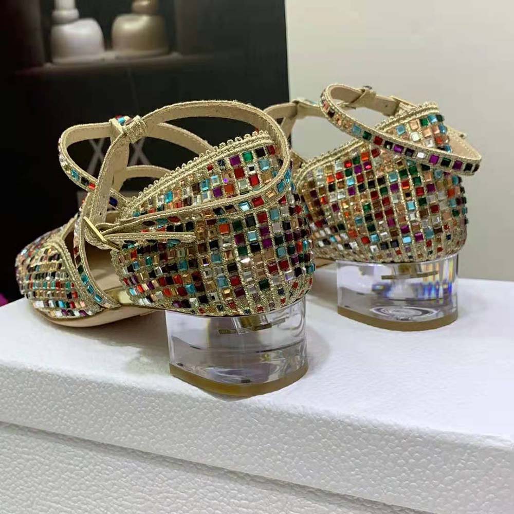 Dior Women Arty Ballerina Flat Gold-Tone Cotton Embroidered with Metallic Thread and Multicolor Square Strass - image 10