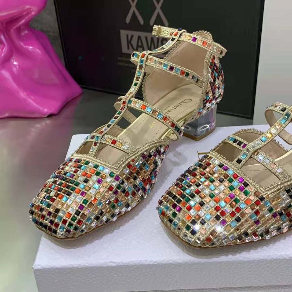 Dior Women Arty Ballerina Flat Gold-Tone Cotton Embroidered with Metallic Thread and Multicolor Square Strass - image 9