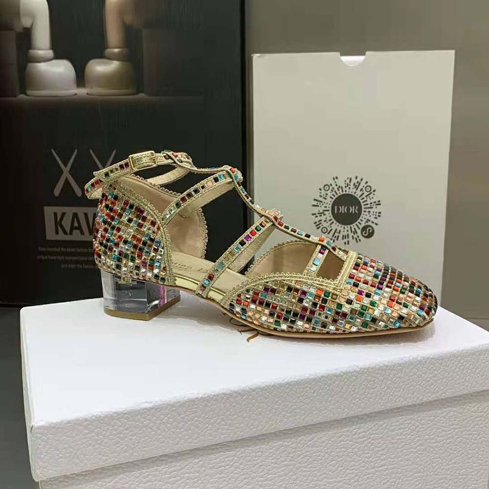 Dior Women Arty Ballerina Flat Gold-Tone Cotton Embroidered with Metallic Thread and Multicolor Square Strass - image 6