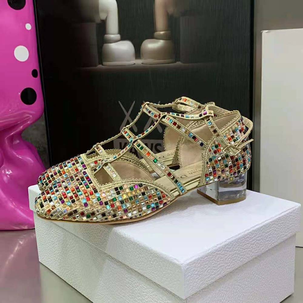 Dior Women Arty Ballerina Flat Gold-Tone Cotton Embroidered with Metallic Thread and Multicolor Square Strass - image 5