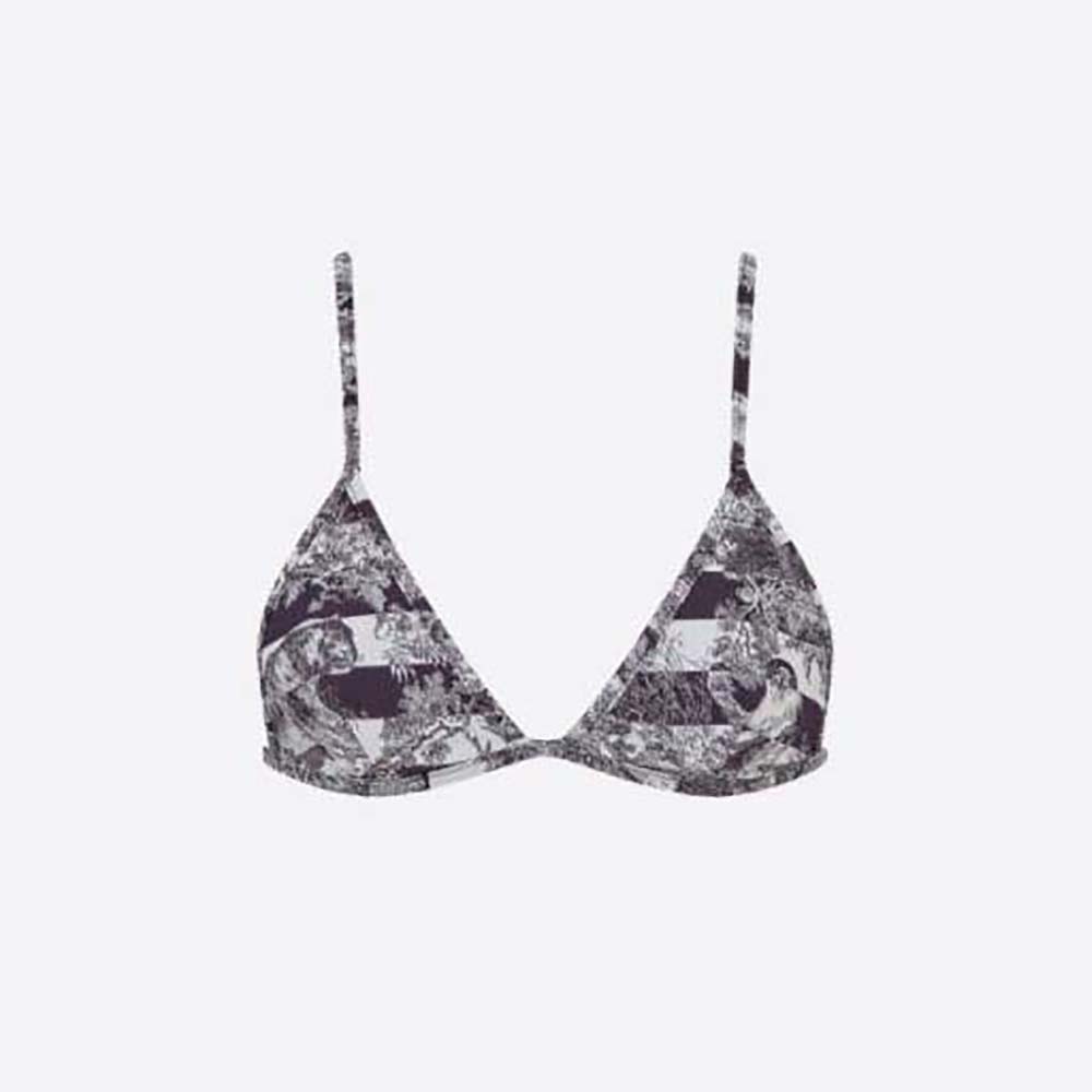 Front view of Dior Women Bikini Top Navy Blue Toile de Jouy Stripes Technical Fabric