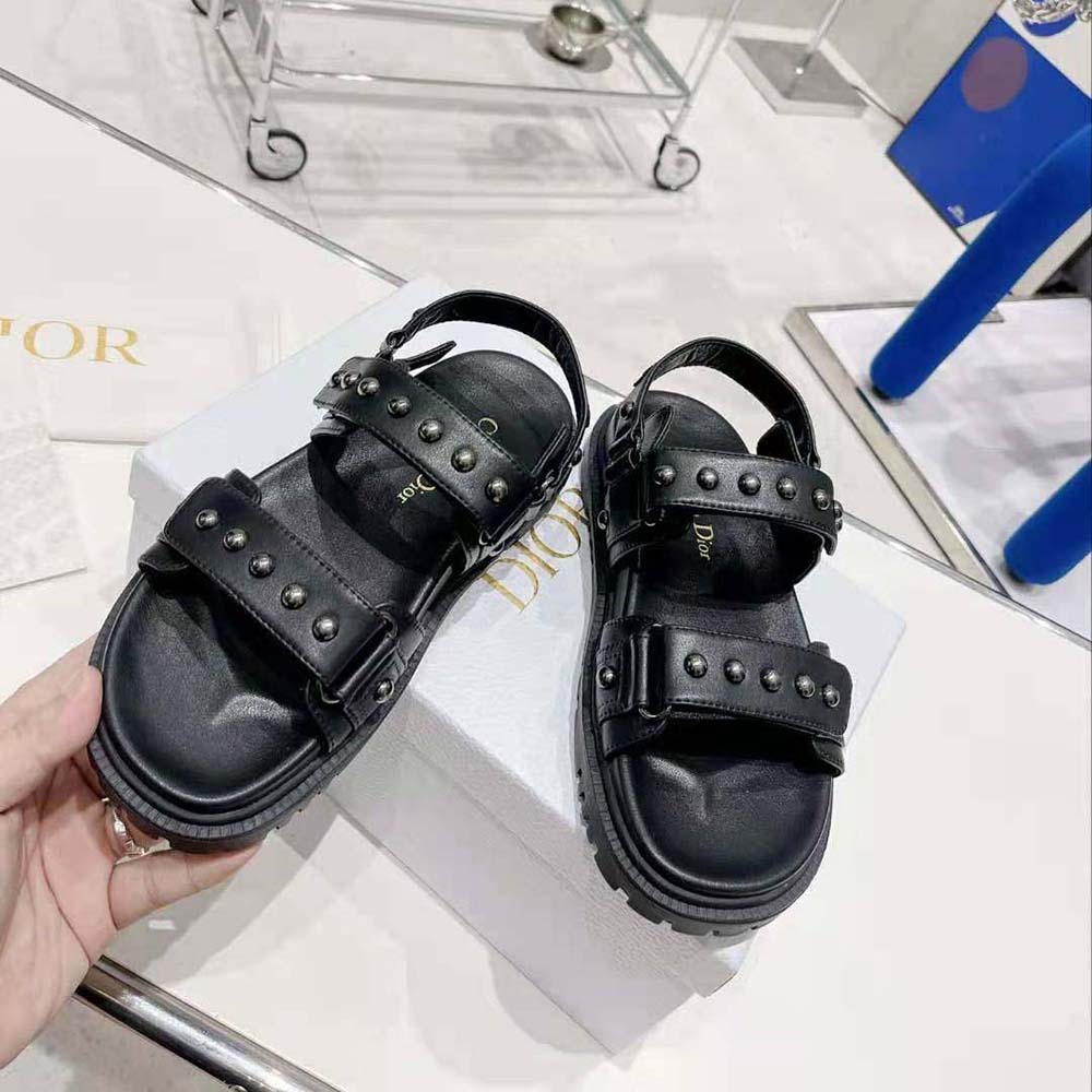 Overhead shot of Dior Women Dioract Sandal showcasing black lambskin texture