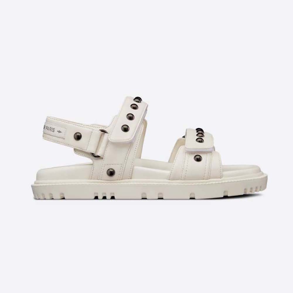 Side angle of Dior Women Dioract Sandal White Lambskin and Silver-Finish Rivets