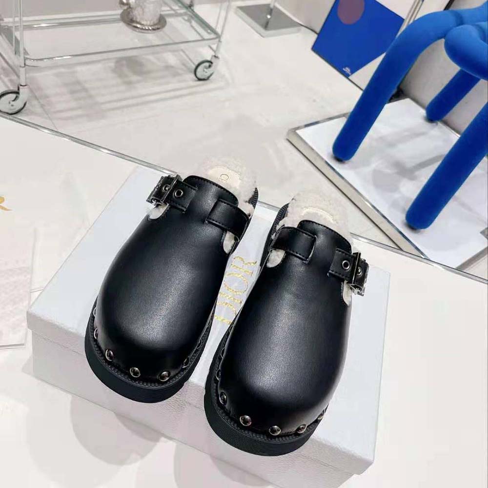 Close-up of white shearling lining inside Dior Women Diorquake Clog