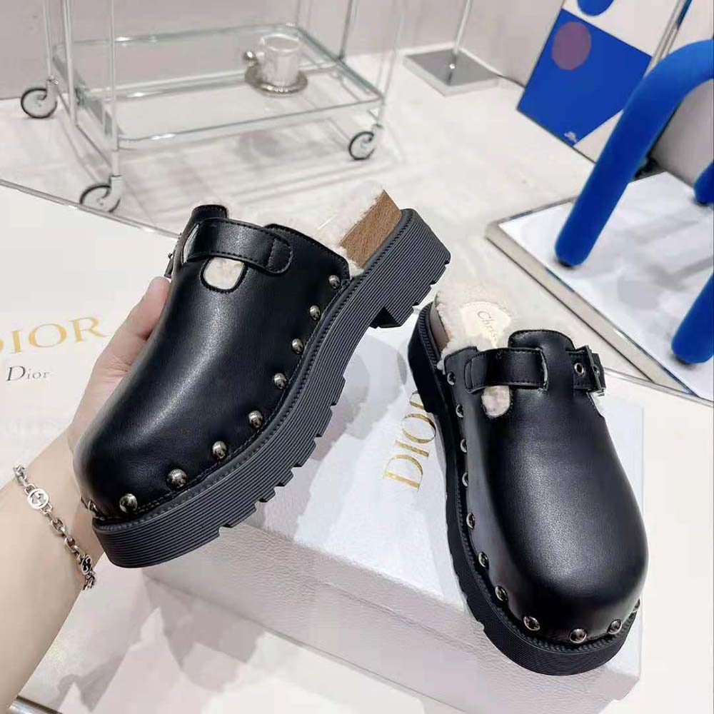 Dior Women Diorquake Clog Black Calfskin and White Shearling - image 4