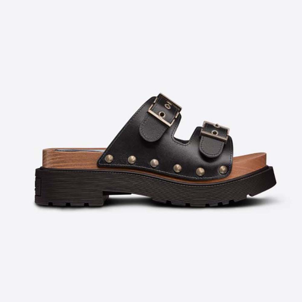 Side view of Dior Women Diorquake Strap Sandal Black Calfskin showing strap detail