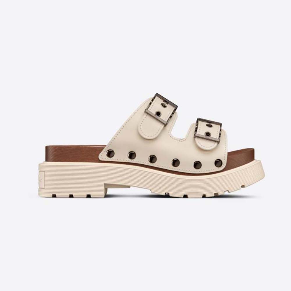 Side view of Dior Women Diorquake Strap Sandal White Calfskin beige leather