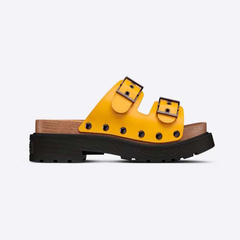 Side view of Dior Women Diorquake Strap Sandal Yellow Calfskin showing buckle