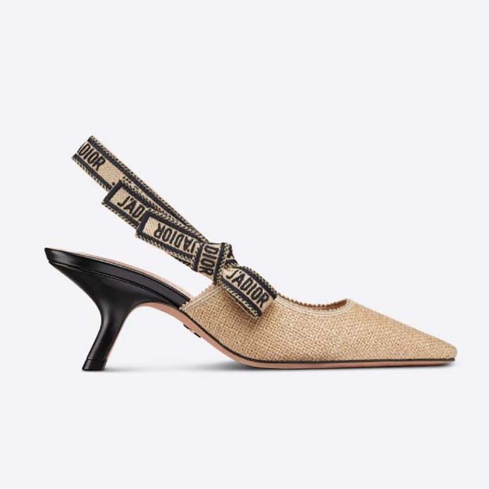 Side view of Dior Women J’Adior Slingback Pump Beige Embroidered Jute Canvas