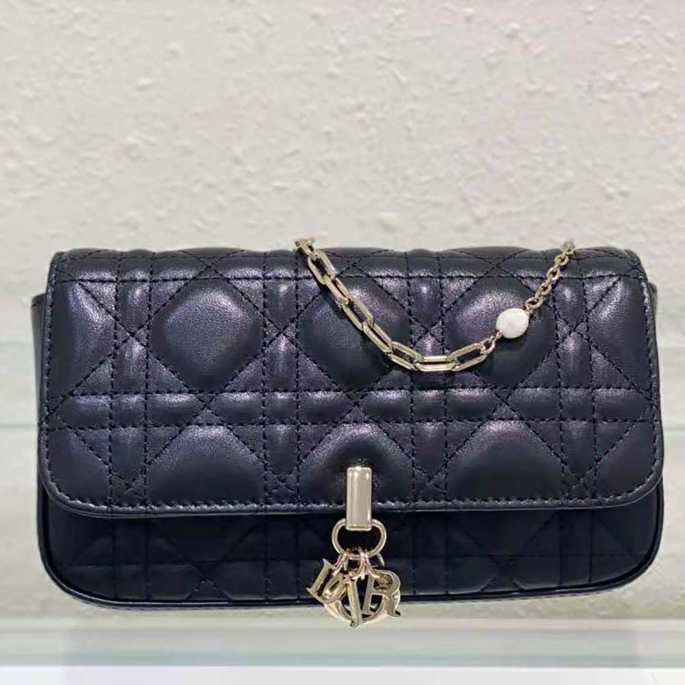 Close-up of Cannage stitching on Dior Women Lady Dior Phone Pouch