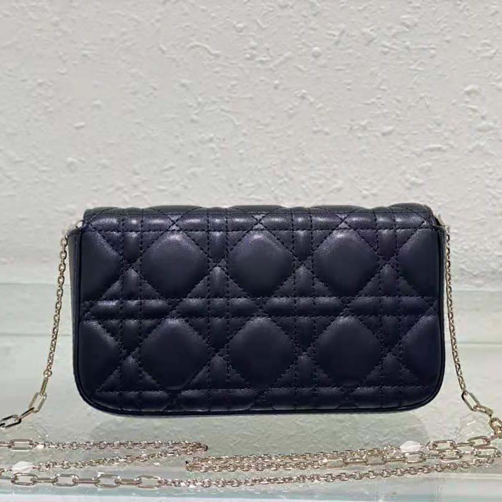 Side angle showing silver hardware on Dior Women Lady Dior Phone Pouch